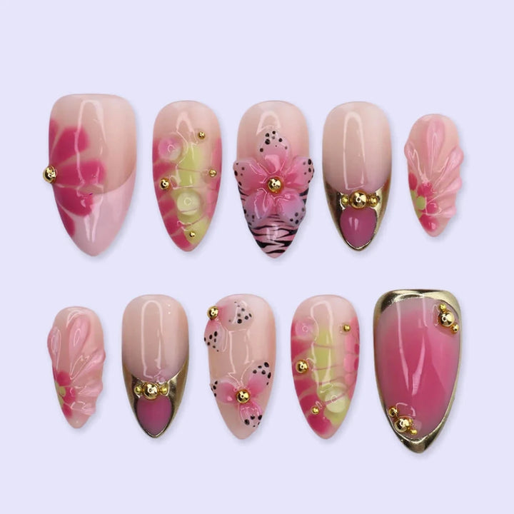Handmade Pink press on nails with 3D Floral & Gold Frame, Medium Almond luxury handmade nail art, false nails, pressons — perfect for Holiday, Vacation, Birthday