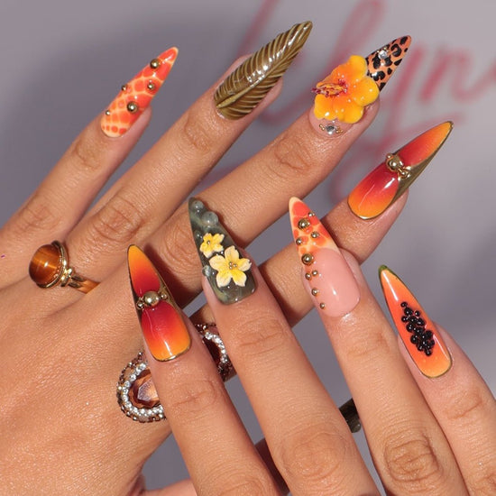 3D tropical press on nails with sunset ombré, hibiscus flowers, leopard print, and jungle leaves in orange and olive tones — summer vacation nails, tropical handmade nail art, fake nails, false nails, pressons — perfect for beach getaways or statement summer looks.