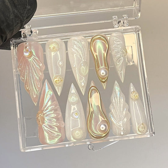 Pearlescent 3D press on nails with mermaid designs, gold chrome accents, and pearl embellishments — luxury handmade bridal nails, perfect for weddings, formal events, and birthday, vacation