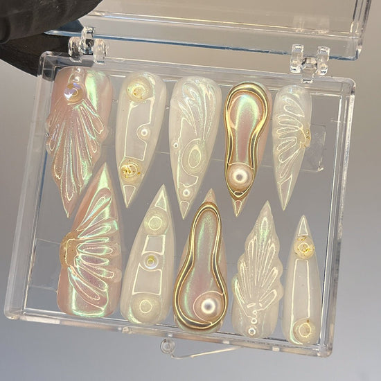 Pearlescent 3D press on nails with mermaid designs, gold chrome accents, and pearl embellishments — luxury handmade bridal nails, perfect for weddings, formal events, and birthday, vacation