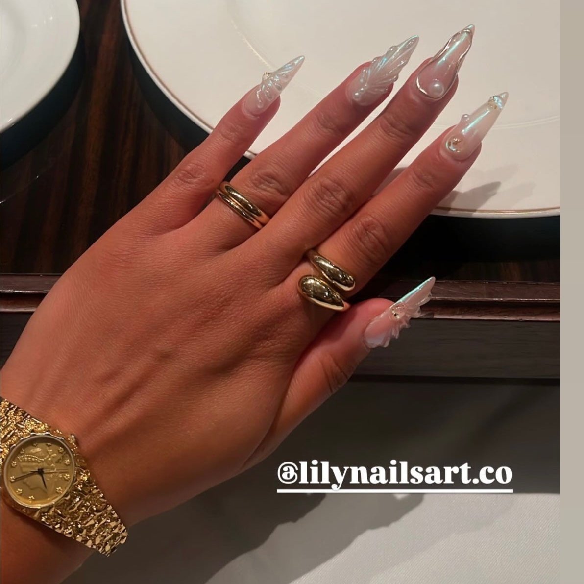 Pearlescent 3D press on nails with mermaid designs, gold chrome accents, and pearl embellishments — luxury handmade bridal nails, perfect for weddings, formal events, and birthday, vacation