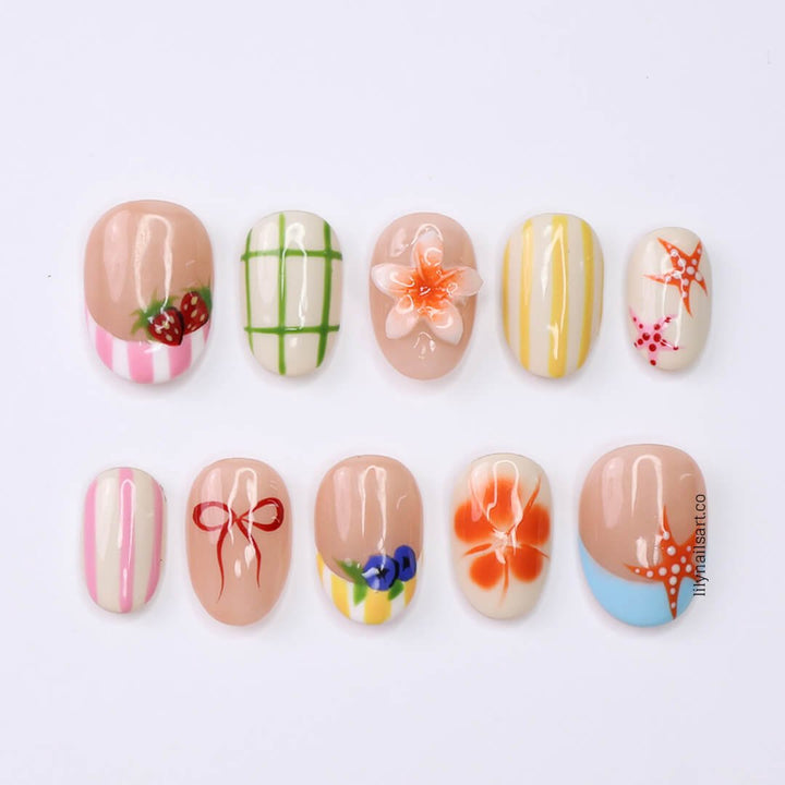 colorful summer press on nais with strawberry, blueberry, starfish & 3D flower, handmade custom beach nails for holiday, vacation, gift for her
