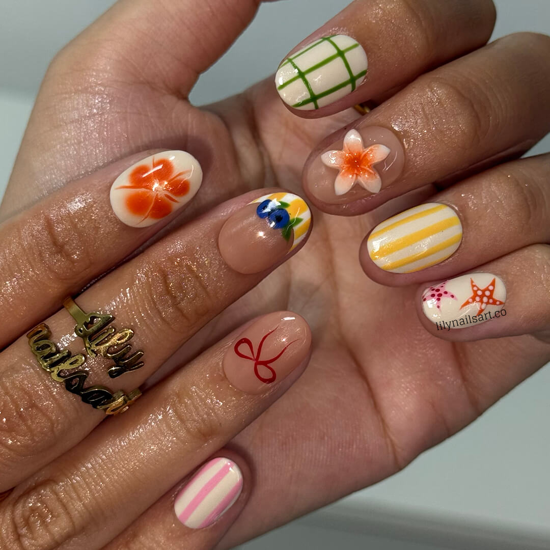 colorful summer press on nais with strawberry, blueberry, starfish & 3D flower, handmade custom beach nails for holiday, vacation, gift for her