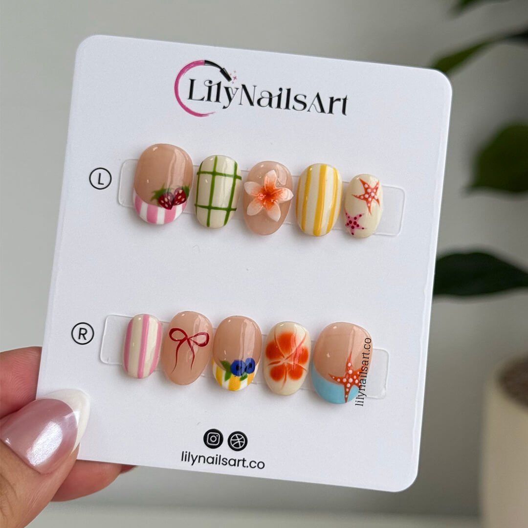colorful summer press on nais with strawberry, blueberry, starfish & 3D flower, handmade custom beach nails for holiday, vacation, gift for her