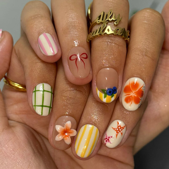 colorful summer press on nais with strawberry, blueberry, starfish & 3D flower, handmade custom beach nails for holiday, vacation, gift for her