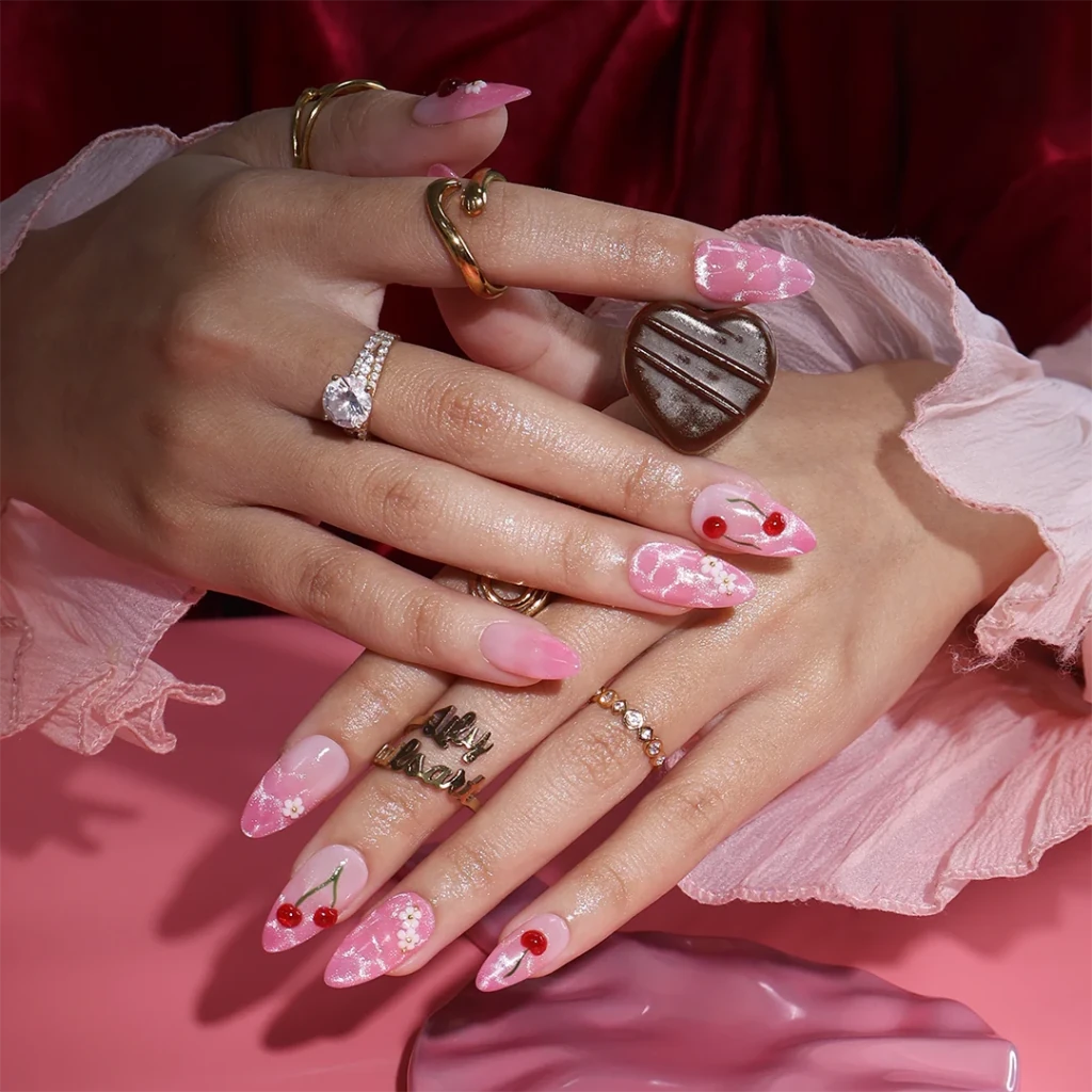 Handmade Pink press on nails with Cute Cherry, Medium Almond luxury handmade nail art, false nails, pressons — perfect for Valentine Date Night 