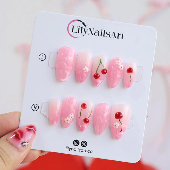 Handmade Pink press on nails with Cute Cherry, Medium Almond luxury handmade nail art, false nails, pressons — perfect for Valentine Date Night 