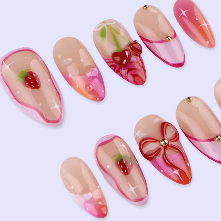 Handmade Pink press on nails with Strawberry, Cherry & French Tip, Medium Almond luxury handmade nail art, false nails, pressons — perfect for Valentine Date Night 