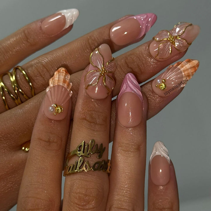 pink summer nails with 3D seashell & flower, handmade beach press on nails in medium almond, custom nails for vacation, holiday