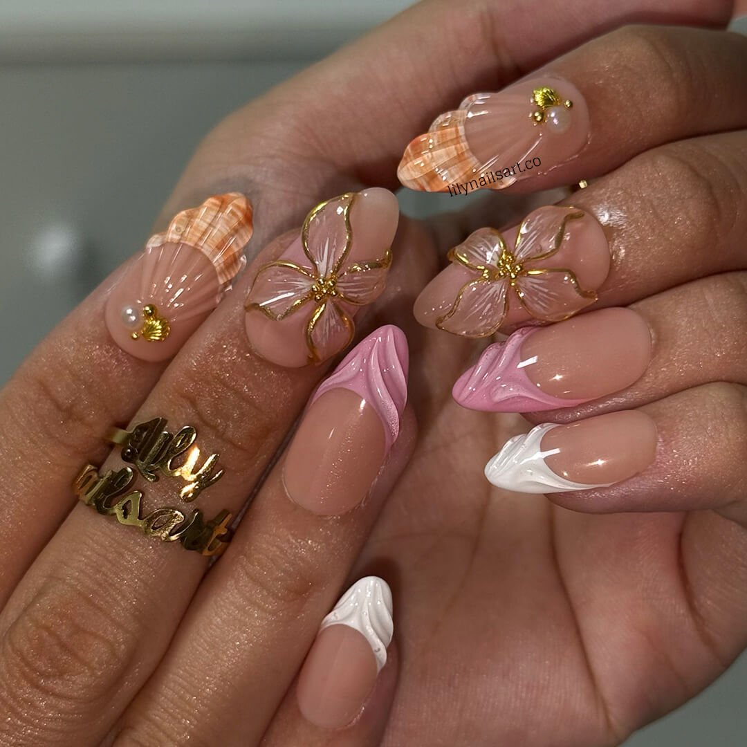pink summer nails with 3D seashell & flower, handmade beach press on nails in medium almond, custom nails for vacation, holiday