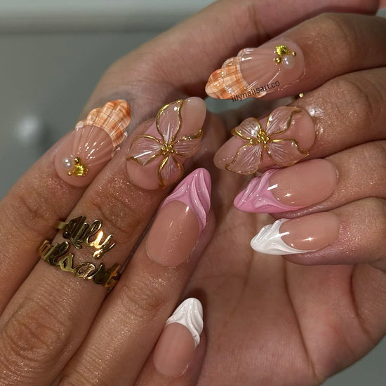 pink summer nails with 3D seashell & flower, handmade beach press on nails in medium almond, custom nails for vacation, holiday