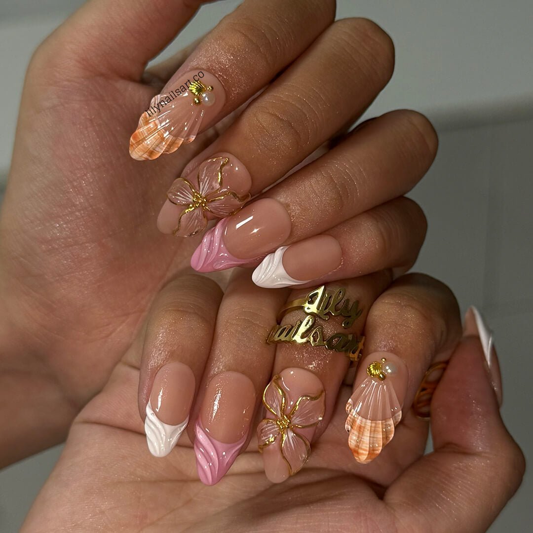 pink summer nails with 3D seashell & flower, handmade beach press on nails in medium almond, custom nails for vacation, holiday