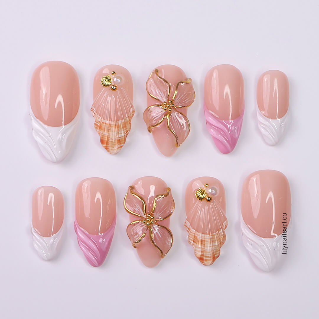 pink summer nails with 3D seashell & flower, handmade beach press on nails in medium almond, custom nails for vacation, holiday