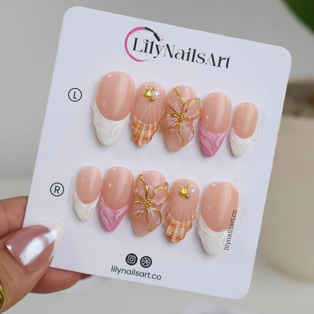 pink summer nails with 3D seashell & flower, handmade beach press on nails in medium almond, custom nails for vacation, holiday