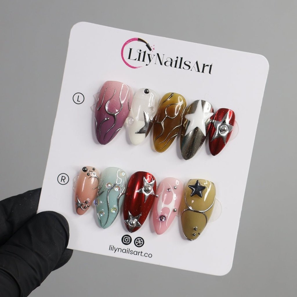 3D celestial press on nails with silver chrome star designs, gradient and metallic finishes, maximalist nail art — custom handmade luxury press on nail set, perfect for holiday parties, New Year, and special occasions