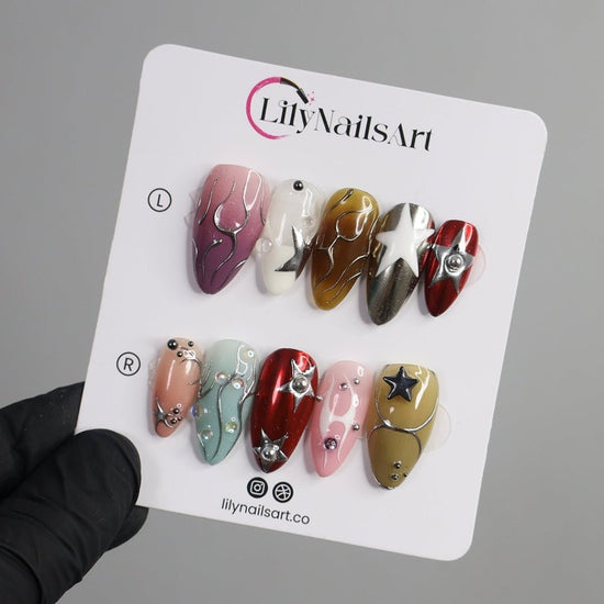 3D celestial press on nails with silver chrome star designs, gradient and metallic finishes, maximalist nail art — custom handmade luxury press on nail set, perfect for holiday parties, New Year, and special occasions