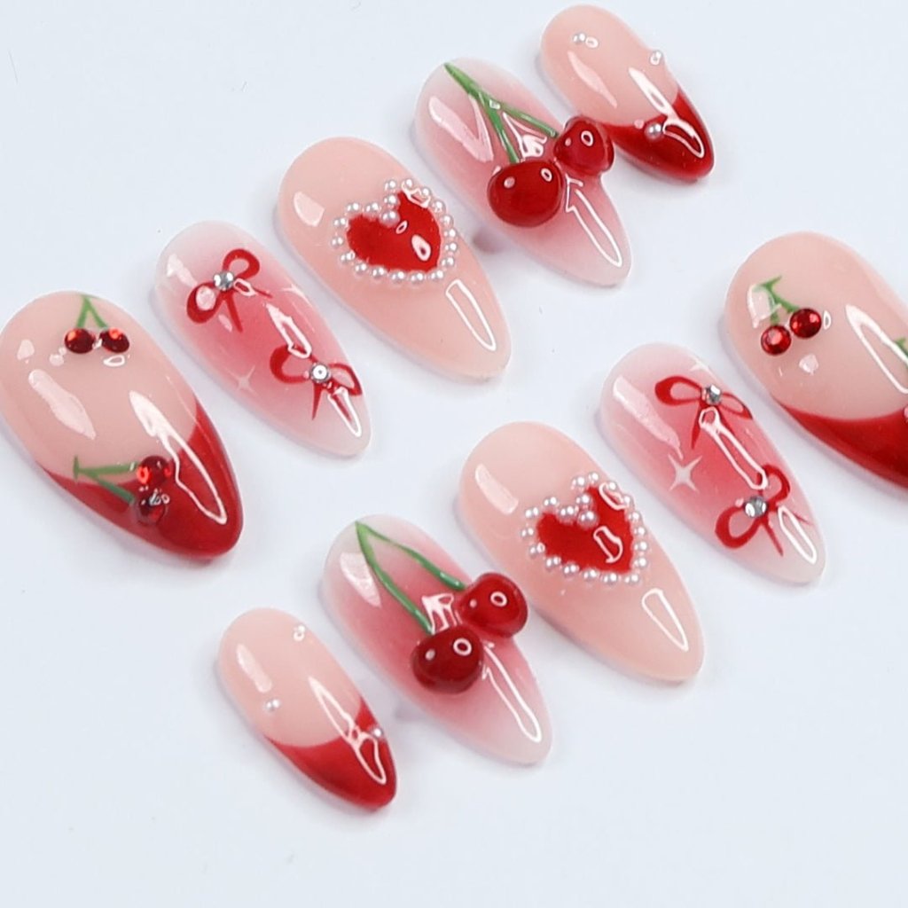 hearts jewels cherries presson nails sets designs red pink nails fake nails