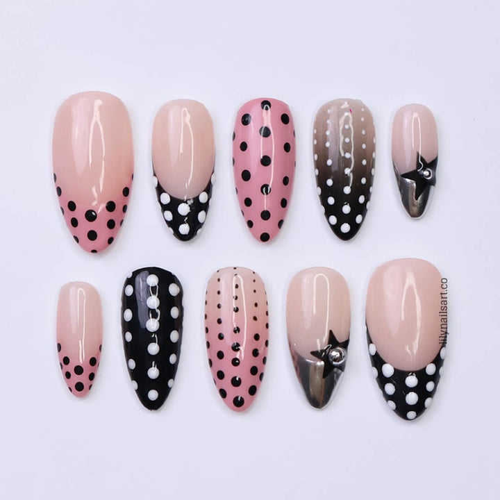 3D polka dot press-on nails in pink, black, and nude with French tip, gradient, and star charm designs — custom press-on nails, luxury handmade nail art, fake nails, false nails, press-ons — perfect for parties, holidays, or everyday wear.