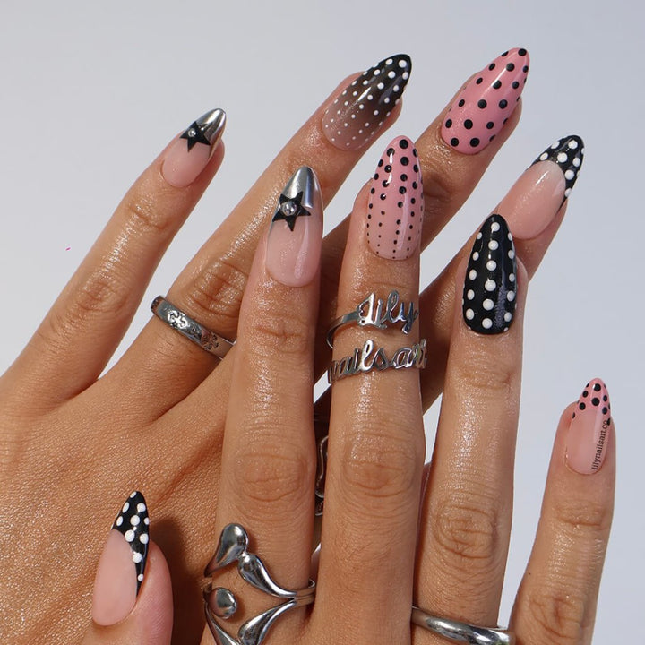 3D polka dot press-on nails in pink, black, and nude with French tip, gradient, and star charm designs — custom press-on nails, luxury handmade nail art, fake nails, false nails, press-ons — perfect for parties, holidays, or everyday wear