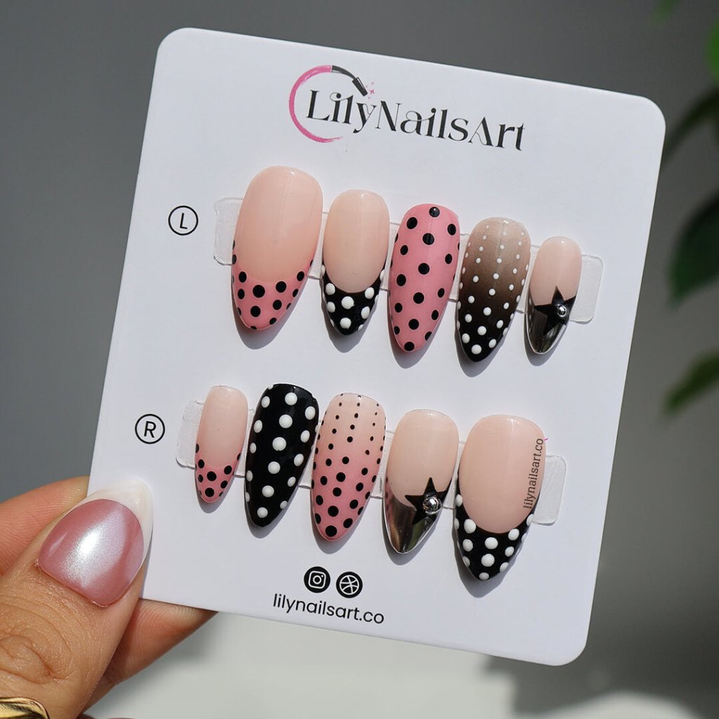 3D polka dot press-on nails in pink, black, and nude with French tip, gradient, and star charm designs — custom press-on nails, luxury handmade nail art, fake nails, false nails, press-ons — perfect for parties, holidays, or everyday wear