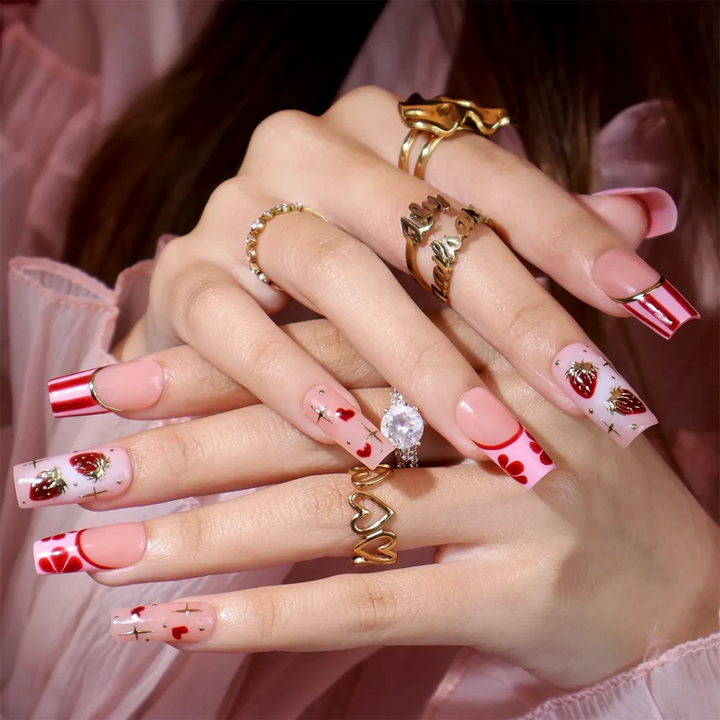 Handmade Pink press on nails with Gold Strawberry Details & French Tip, Medium Square luxury handmade nail art, false nails, pressons — perfect for Valentine Date Night 