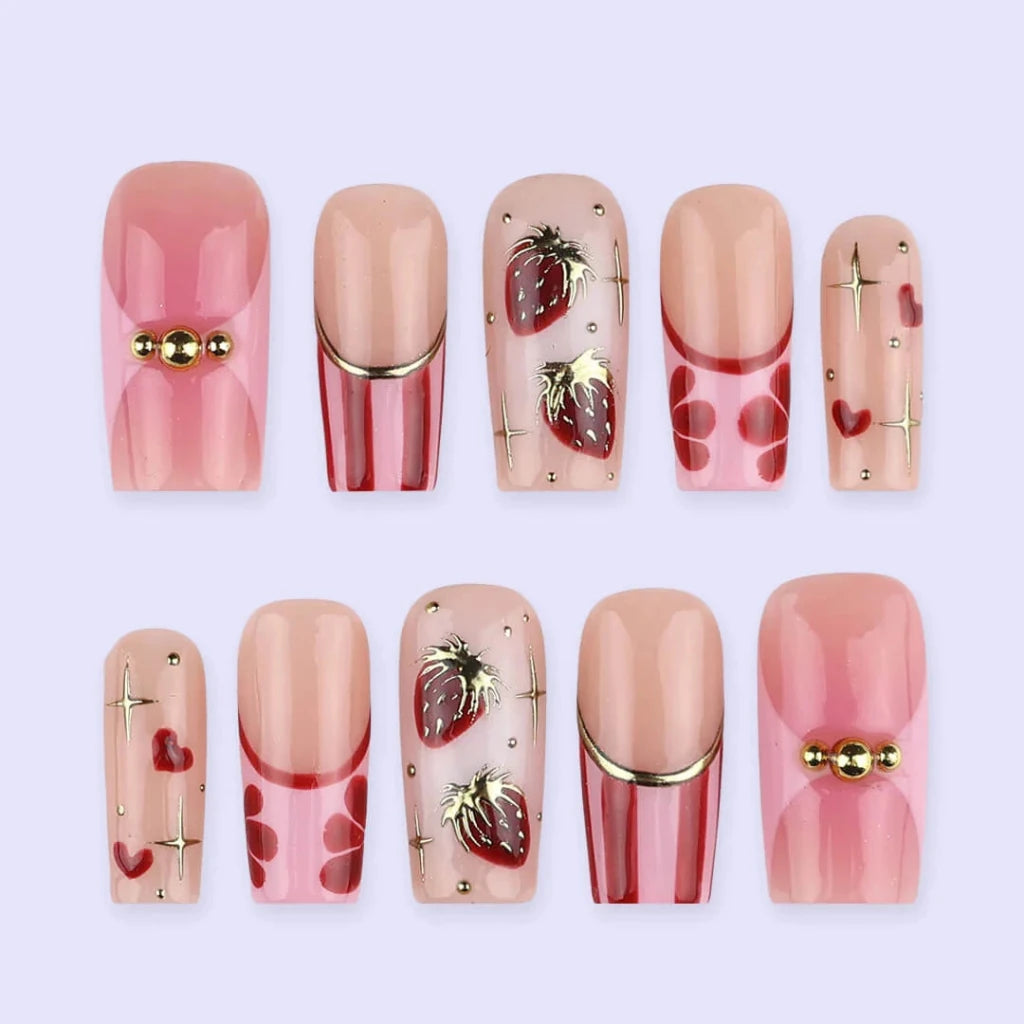 Handmade Pink press on nails with Gold Strawberry Details & French Tip, Medium Square luxury handmade nail art, false nails, pressons — perfect for Valentine Date Night 