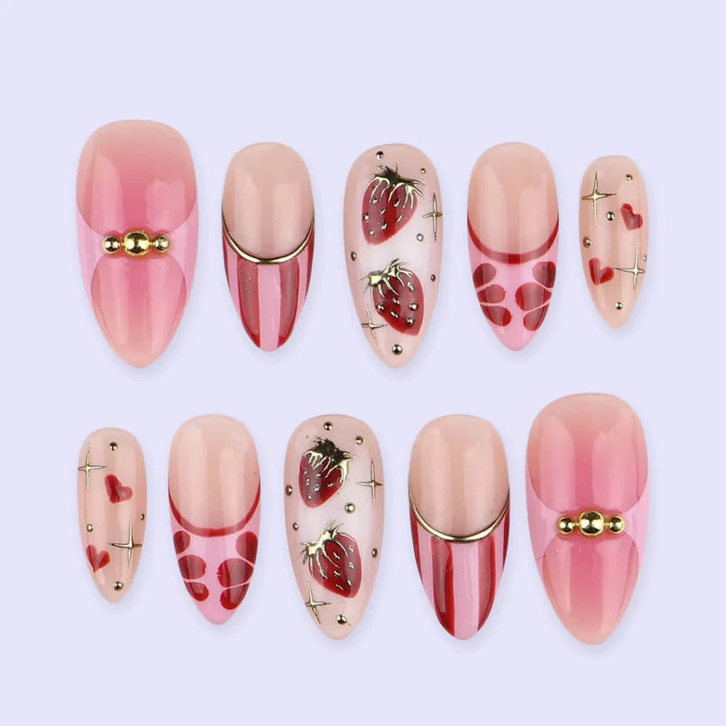 Handmade Pink press on nails with Gold Strawberry Details & French Tip, Medium Almond luxury handmade nail art, false nails, pressons — perfect for Valentine Date Night 