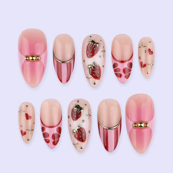Handmade Pink press on nails with Gold Strawberry Details & French Tip, Medium Almond luxury handmade nail art, false nails, pressons — perfect for Valentine Date Night 