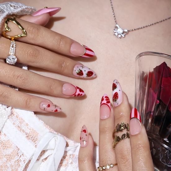Handmade Pink press on nails with Gold Strawberry Details & French Tip, Medium Almond luxury handmade nail art, false nails, pressons — perfect for Valentine Date Night 