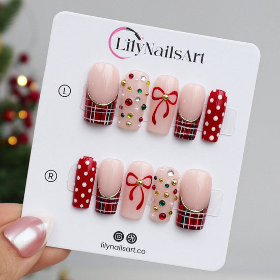 3D red plaid press on nails with white polka dots, red ribbon art, and colorful gemstone accents — custom holiday nail set, handmade Christmas fake nails, false pressons — perfect for gifting, parties, or festive looks