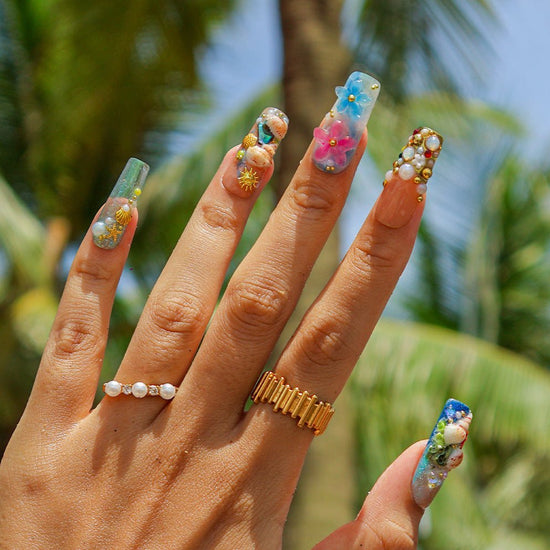 3D ocean-inspired press on nails with gold seashells, starfish, seahorses, pearl accents, and hand-sculpted flowers — featuring iridescent shimmer, coral reef textures, and beachy plaid seashell tips — luxury summer press on nails, beach vacation nails, handmade fake nails, false nails, pressons — perfect for coastal getaways, mermaid-themed looks, or gifting for ocean lovers.