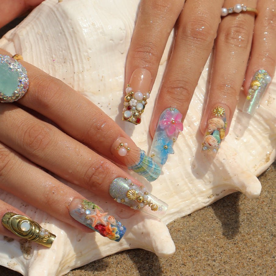 3D ocean-inspired press on nails with gold seashells, starfish, seahorses, pearl accents, and hand-sculpted flowers — featuring iridescent shimmer, coral reef textures, and beachy plaid seashell tips — luxury summer press on nails, beach vacation nails, handmade fake nails, false nails, pressons — perfect for coastal getaways, mermaid-themed looks, or gifting for ocean lovers.