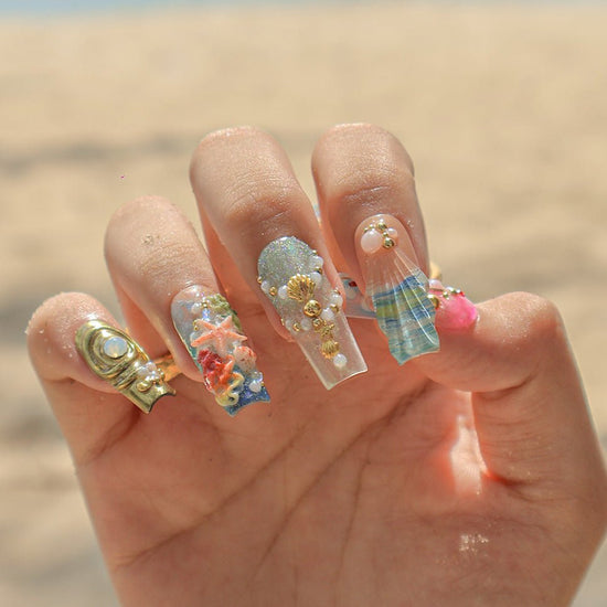 3D ocean-inspired press on nails with gold seashells, starfish, seahorses, pearl accents, and hand-sculpted flowers — featuring iridescent shimmer, coral reef textures, and beachy plaid seashell tips — luxury summer press on nails, beach vacation nails, handmade fake nails, false nails, pressons — perfect for coastal getaways, mermaid-themed looks, or gifting for ocean lovers.