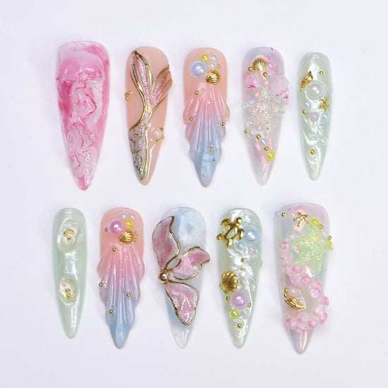 3D pastel press on nails with mermaid tail, pearl accents, seashell charms, and soft ocean shimmer — Seabelle custom handmade nails, summer vacation nails, luxury beach nail art, reusable fake nails, press ons — perfect for beach holidays and dreamy summer escapes.