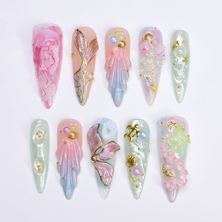 3D pastel press on nails with mermaid tail, pearl accents, seashell charms, and soft ocean shimmer — Seabelle custom handmade nails, summer vacation nails, luxury beach nail art, reusable fake nails, press ons — perfect for beach holidays and dreamy summer escapes.