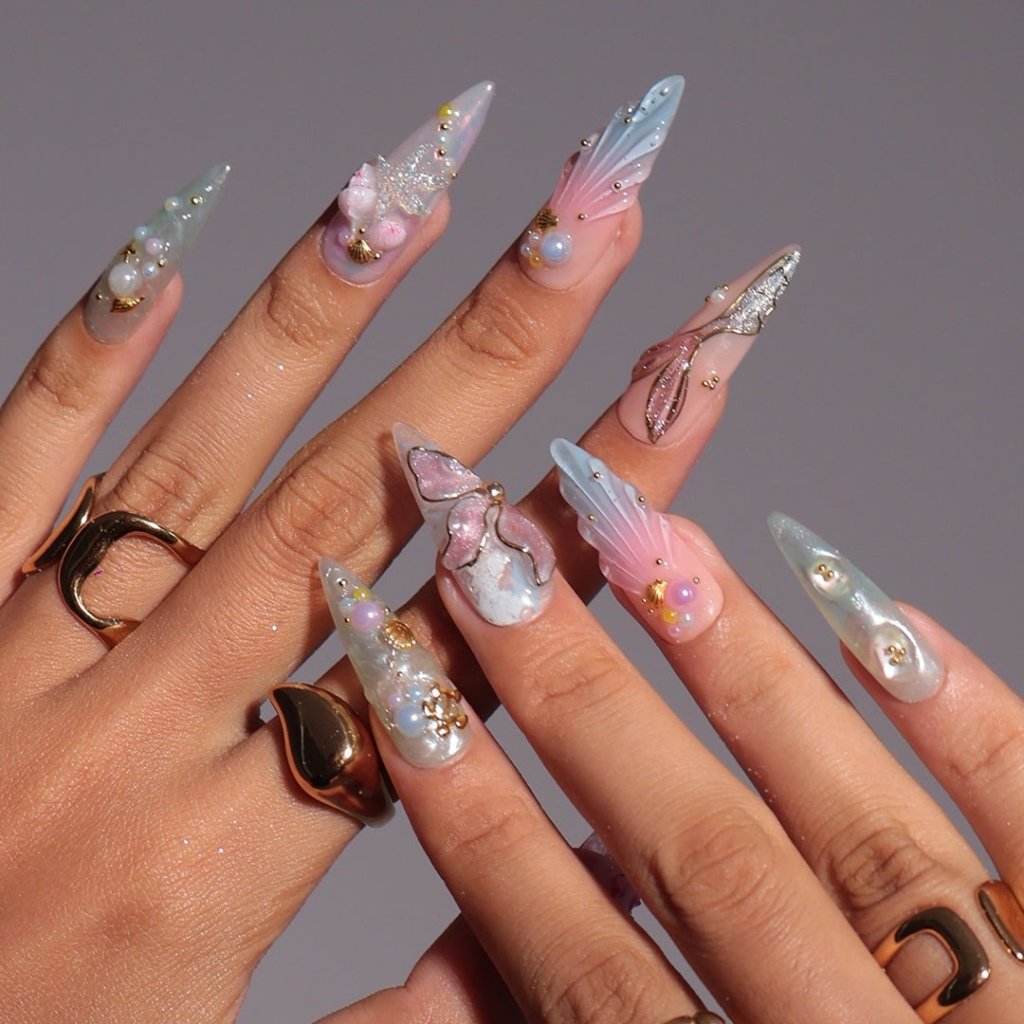 3D pastel press on nails with mermaid tail, pearl accents, seashell charms, and soft ocean shimmer — Seabelle custom handmade nails, summer vacation nails, luxury beach nail art, reusable fake nails, press ons — perfect for beach holidays and dreamy summer escapes.