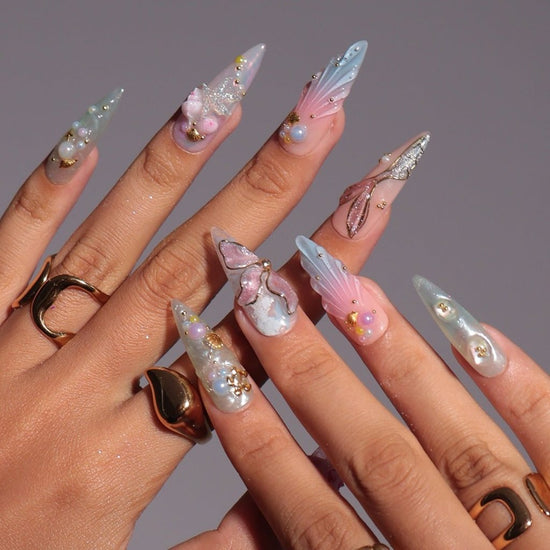 3D pastel press on nails with mermaid tail, pearl accents, seashell charms, and soft ocean shimmer — Seabelle custom handmade nails, summer vacation nails, luxury beach nail art, reusable fake nails, press ons — perfect for beach holidays and dreamy summer escapes.