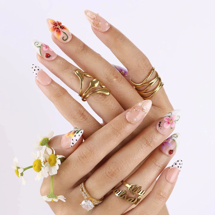 Handmade Orange press on nails with 3D Floral & Ladybug, Medium Almond luxury handmade nail art, false nails, pressons — perfect for Holiday, Vacation, Birthday