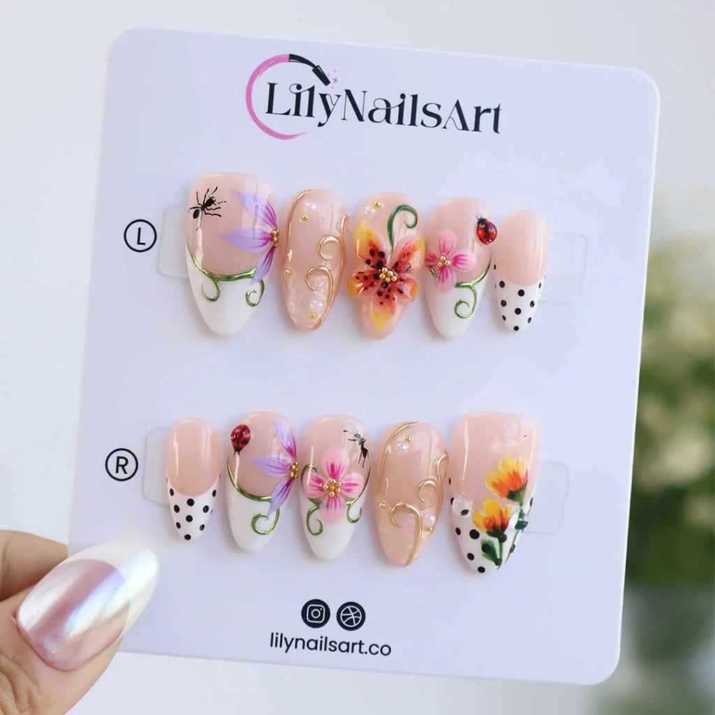 Handmade Orange press on nails with 3D Floral & Ladybug, Medium Almond luxury handmade nail art, false nails, pressons — perfect for Holiday, Vacation, Birthday