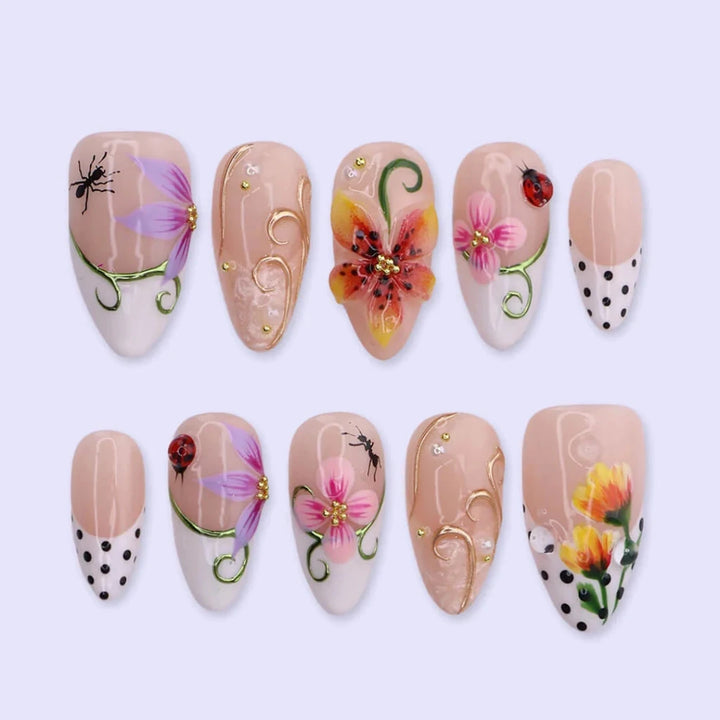 Handmade Orange press on nails with 3D Floral & Ladybug, Medium Almond luxury handmade nail art, false nails, pressons — perfect for Holiday, Vacation, Birthday