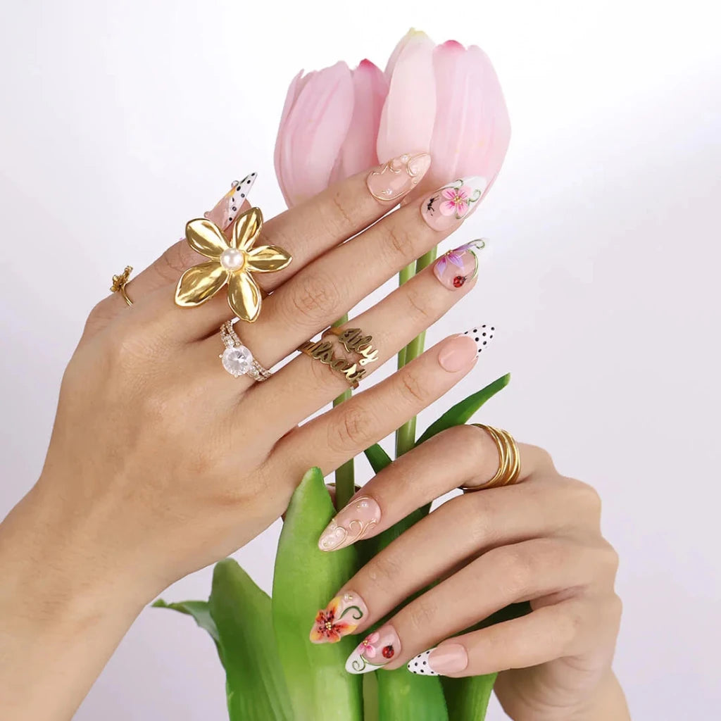 Handmade Orange press on nails with 3D Floral & Ladybug, Medium Almond luxury handmade nail art, false nails, pressons — perfect for Holiday, Vacation, Birthday