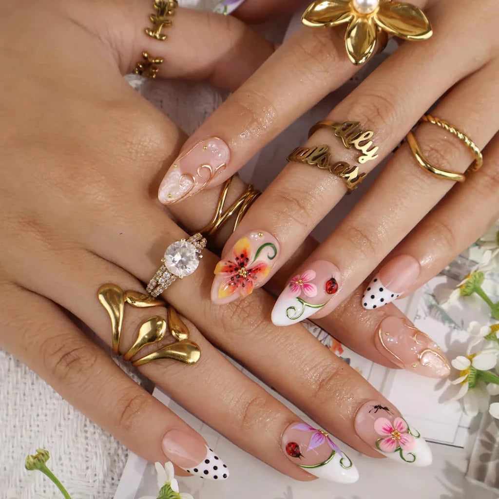 Handmade Orange press on nails with 3D Floral & Ladybug, Medium Almond luxury handmade nail art, false nails, pressons — perfect for Holiday, Vacation, Birthday