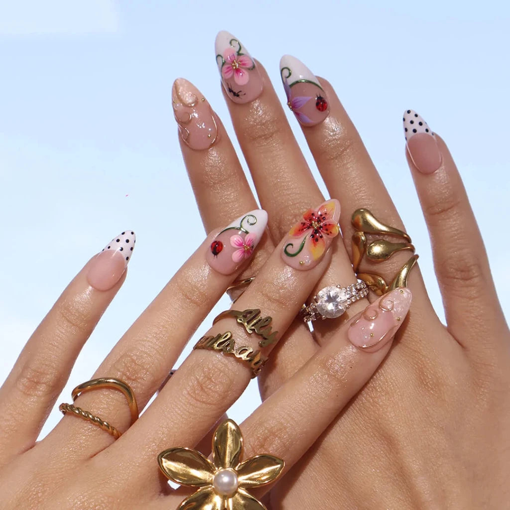 Handmade Orange press on nails with 3D Floral & Ladybug, Medium Almond luxury handmade nail art, false nails, pressons — perfect for Holiday, Vacation, Birthday
