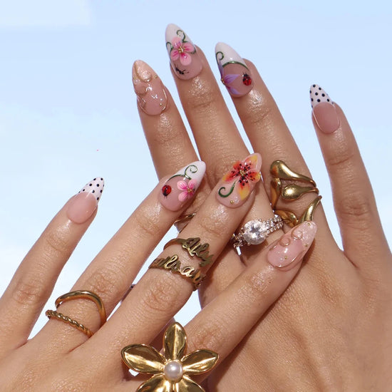 Handmade Orange press on nails with 3D Floral & Ladybug, Medium Almond luxury handmade nail art, false nails, pressons — perfect for Holiday, Vacation, Birthday