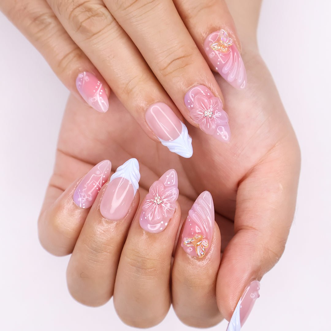 Tropical Bloom Press-On Nails – Bold 3D Floral & Butterfly Nail Set