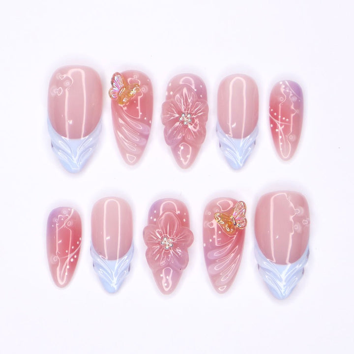Tropical Bloom handmade Press-On Nails – Bold 3D Floral & Butterfly Nail Set