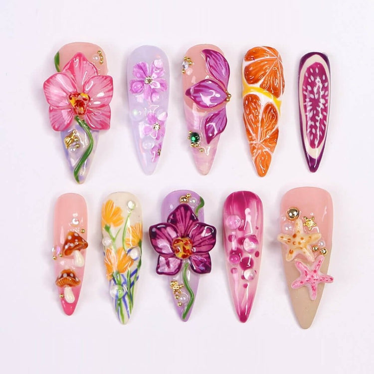 3D tropical press on nails with pink orchids, starfish, orange citrus slices, mushrooms, and ocean-inspired bubbles — featuring bold florals, beachy details, and fruity accents in pink, purple, and coral hues — summer vacation nails, handmade floral press on nails, fake nails, false nails, pressons — perfect for tropical getaways, creative summer looks, or gifting for her.