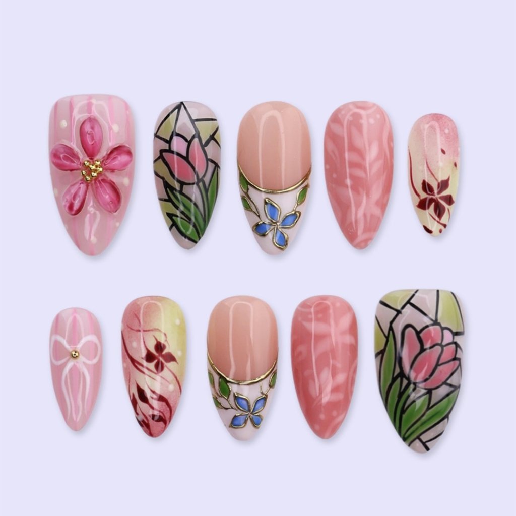 Handmade Pink press on nails with Tulip, Floral & Bow, Medium Almond luxury handmade nail art, false nails, pressons — perfect for Holiday, Vacation, Birthday
