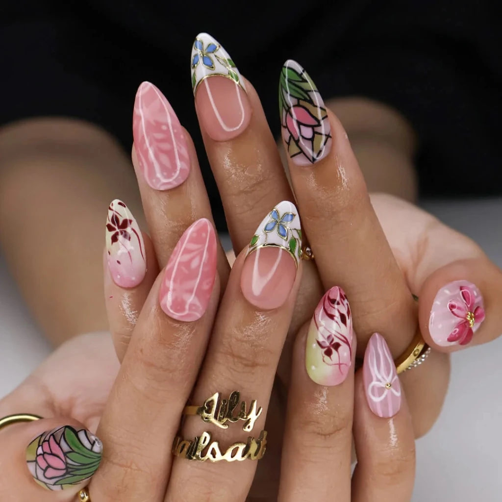 Handmade Pink press on nails with Tulip, Floral & Bow, Medium Almond luxury handmade nail art, false nails, pressons — perfect for Holiday, Vacation, Birthday