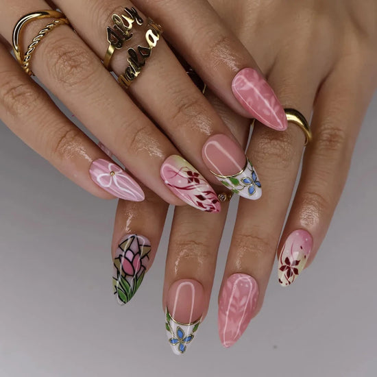 Handmade Pink press on nails with Tulip, Floral & Bow, Medium Almond luxury handmade nail art, false nails, pressons — perfect for Holiday, Vacation, Birthday